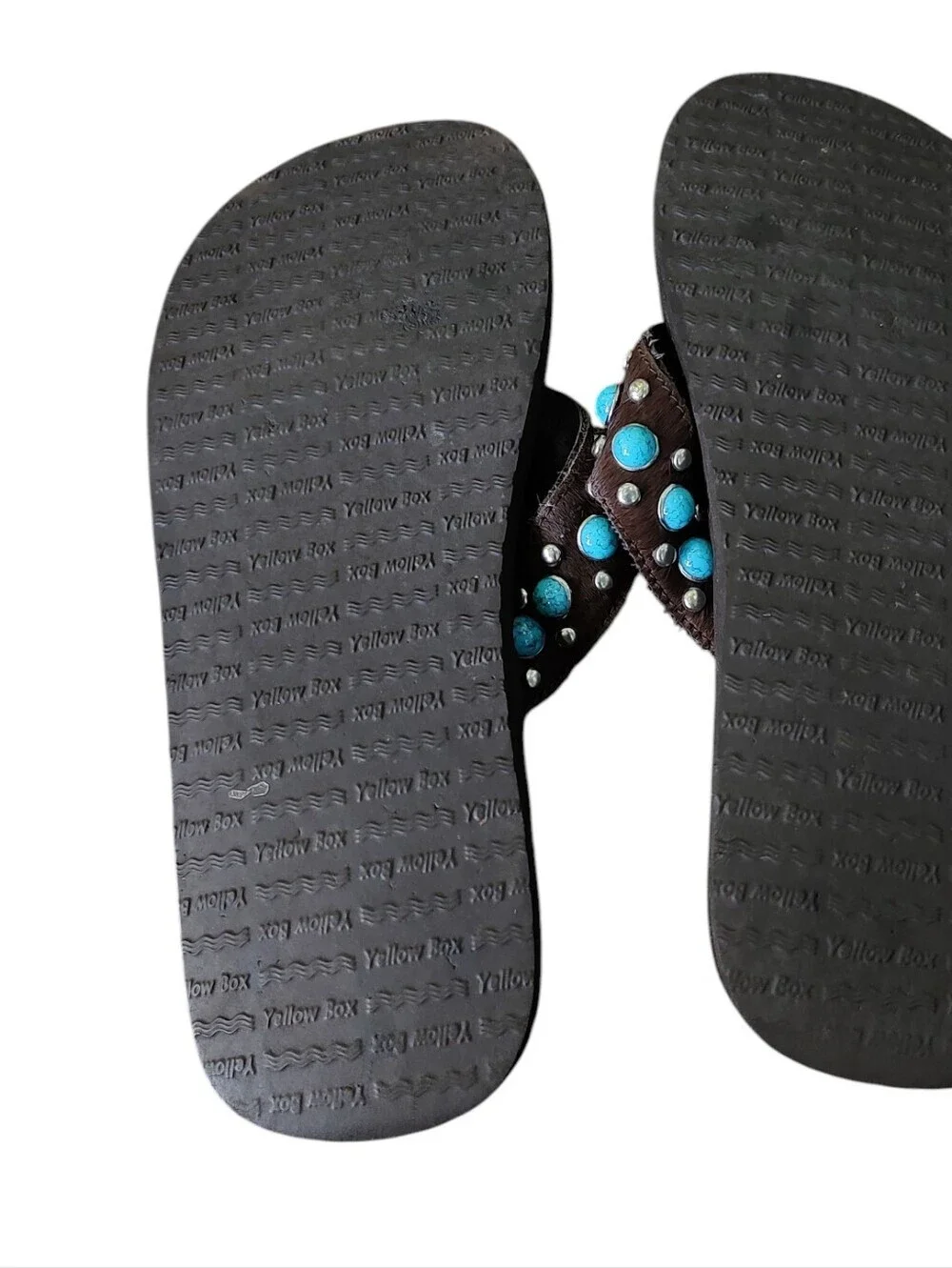 Yellow Box Leather Cowhide Sandal with Turquoise and Iridescent Embellishments